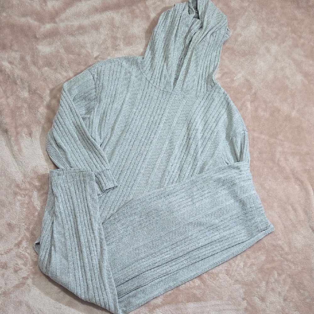 Light Gray Ribbed Pullover Hoodie Set